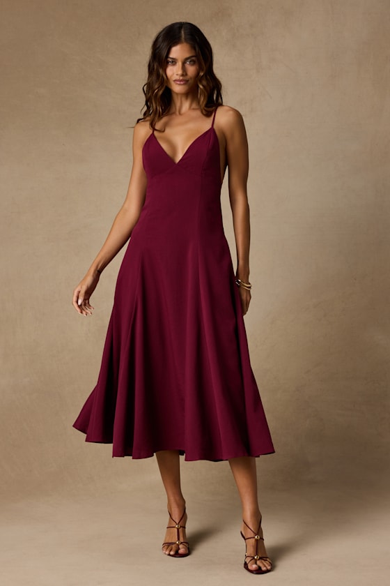 Oraya Berry Red Tie-Back Midi Dress