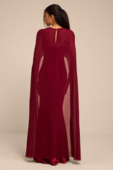 Cavana Burgundy Satin Cape Maxi Dress