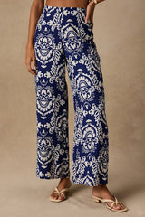 Caliana Blue and Ivory Boho Print Wide-Leg Pants