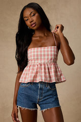 Delilah Ivory Multi Plaid Peplum Tank Top