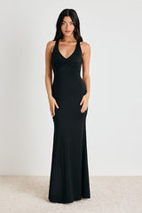Cazy Black Jersey Knit Twist-Front Maxi Dress