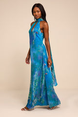 Calixta Blue Abstract Chiffon Sash Shift Maxi Dress