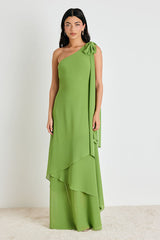 Camellia Bright Green One-Shoulder Bow Maxi Dress