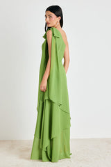 Camellia Bright Green One-Shoulder Bow Maxi Dress