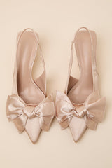 Tiersa Beige Satin Bow Slingback Kitten Heel Pumps