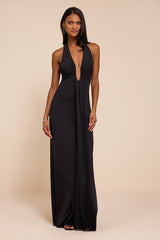 Dorena Black Jersey Knit Halter Sash Maxi Dress