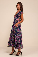 Taylen Navy Multi Floral Plisse Midi Dress