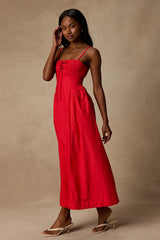 Laylie Red Poplin Lace-Up Midi Dress