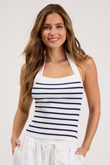 Gisella White Striped Ribbed Knit Halter Top