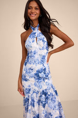 Eloria White and Blue Floral Halter Maxi Dress
