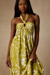 Anessa Chartreuse Floral Halter Maxi Dress