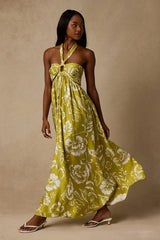Anessa Chartreuse Floral Halter Maxi Dress