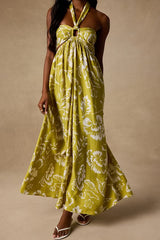 Anessa Chartreuse Floral Halter Maxi Dress