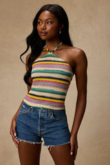 Thara Beige Multi Striped Crochet Halter Top