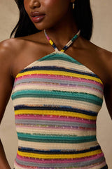 Thara Beige Multi Striped Crochet Halter Top