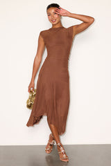 Octavia Light Brown Mesh Drop Waist Midi Dress