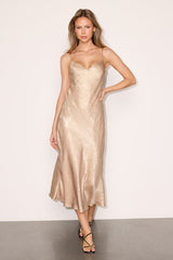Stellina Gold Metallic Satin Cowl Back Midi Dress