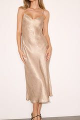 Stellina Gold Metallic Satin Cowl Back Midi Dress