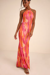 Adriel Orange Multi Abstract Mesh Halter Mermaid Maxi Dress
