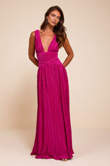 Evaluna Berry Pink Plisse Maxi Dress