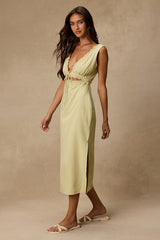 Connie Light Chartreuse Lace Tie-Front Midi Dress