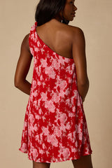 Aralia Red Multi Floral One-Shoulder Shift Mini Dress
