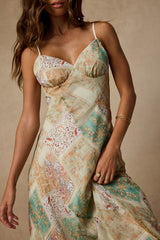 Nicole Light Sage Multi Patchwork Slip Midi Dress