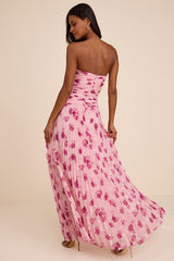 Marlene Light Pink Floral Pleated Drop Waist Maxi Dress