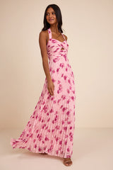 Krystal Light Pink Floral Pleated Halter Maxi Dress