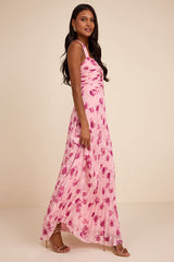 Krystal Light Pink Floral Pleated Halter Maxi Dress