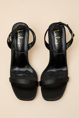 Ensley Black Satin Kitten Heel Ankle Strap Sandals