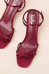 Rezzy Burgundy Satin Bow Ankle Strap High Heel Sandals