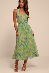 Reyes Green Multi Abstract Halter Midi Dress