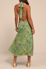 Reyes Green Multi Abstract Halter Midi Dress