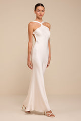 Deanira White Satin Backless Column Maxi Dress