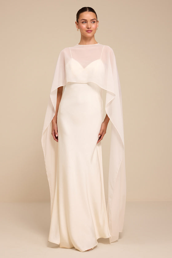 Mercedes White Satin Cape Wedding Dress