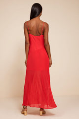 Mura Bright Red Pleated Drop Waist Midi Dress