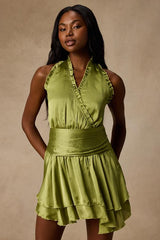 Fria Light Green Satin Halter Tiered Mini Dress