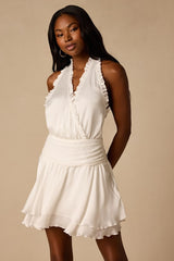 Fria White Satin Halter Tiered Mini Dress