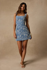 Luella Blue Embroidered Lace-Up Mini Dress