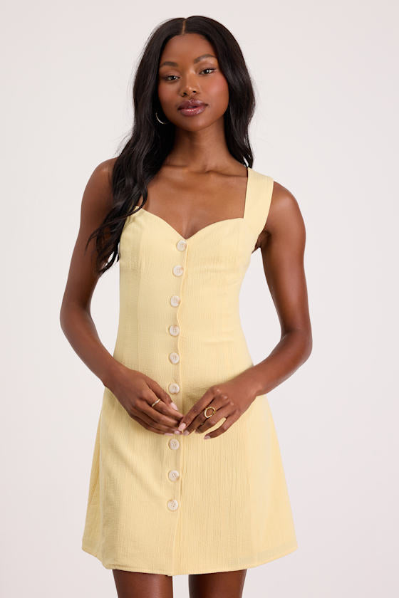 Sarie Light Yellow Textured Button-Front Mini Dress