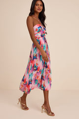 Anara Pink Multi Floral Pleated Halter Midi Dress