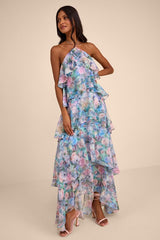 Melody Light Blue Floral Tiered Halter Maxi Dress