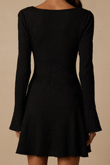 Radleigh Black Textured Long Sleeve Drop Waist Mini Dress