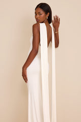 Delphina Ivory Jersey Knit Halter Sash Maxi Dress