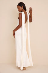 Delphina Ivory Jersey Knit Halter Sash Maxi Dress