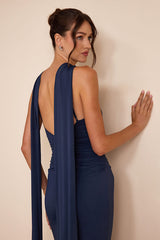 Delphina Navy Jersey Knit Halter Sash Maxi Dress