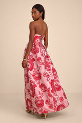 Elsa Light Pink Floral Jacquard Strapless Maxi Dress