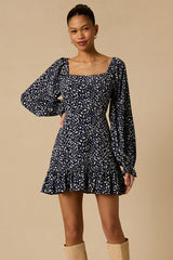Coy Charm Navy Floral Print Long Sleeve Mini Dress