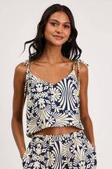 Abril Navy and Ivory Boho Print Tie-Strap Cami Top